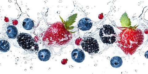 Fresh berries including strawberry and blueberry with water splash on transparent background