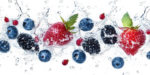 Fresh berries including strawberry and blueberry with water splash on transparent background