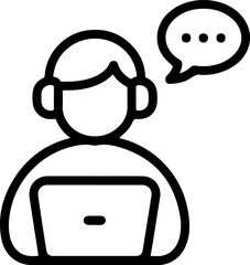 Person wearing headphones using a laptop with a speech bubble icon above