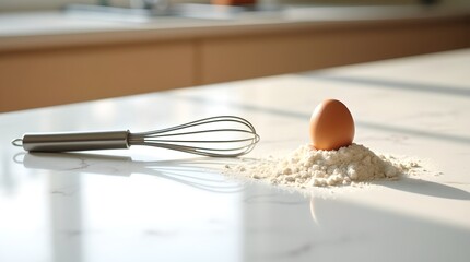 Baking preparation: Egg on flour mound with whisk on white countertop, sunlit kitchen scene, home cooking ingredients