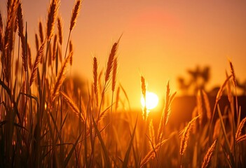 Golden hour sun bathes tall grass and reeds, vibrant sunset hues,  tranquil,  picturesque