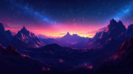 Starlit mountainscape at twilight.