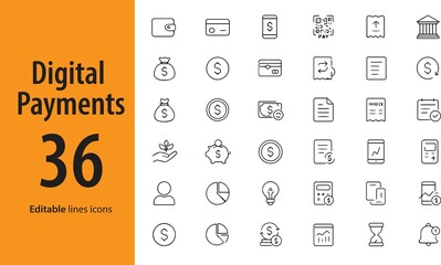 Digital Payments Line Icons, Credit Card, Mobile Wallet, QR Code, Contactless Payment, Bank Transfer, POS, and More , Editable Formats: AI, EPS, JPG, PNG , Ideal for Both Digital and Print Use