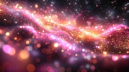 A swirling, textured design of shimmering particles in pink and gold tones.