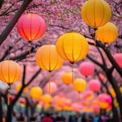 Colorful Lanterns Hanging from Trees in a Lively Setting