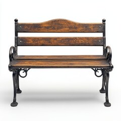 A vintage wooden bench with ornate black metal armrests and legs, featuring a curved backrest and a rustic finish.