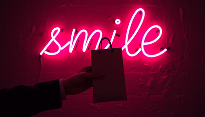 The same "Smile" pink neon sign with a shopping bag in front, glowing against a dark red brick wall,  4K and HD images 
