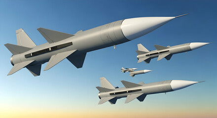 Gray Missile Formation Flying in Clear Blue Sky