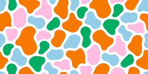 Abstract Colorful Shapes Pattern: A vibrant and playful seamless pattern featuring abstract shapes in shades of orange, pink, light blue, and green. The shapes are organic and irregular.