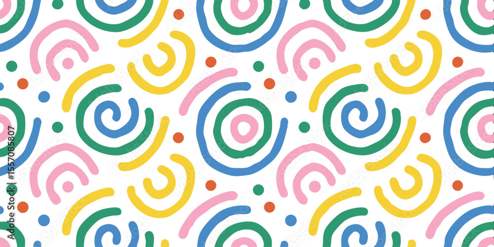 Poster colorful geometric abstract pattern: a playful arrangement of multicolored swirls and dots creates a