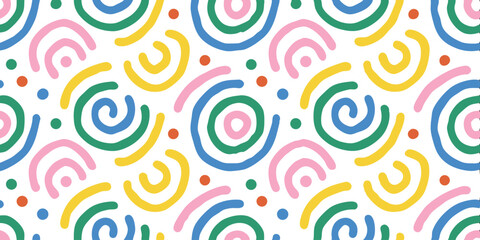 Colorful Geometric Abstract Pattern: A playful arrangement of multicolored swirls and dots creates a fun, modern geometric pattern with vibrant energy.