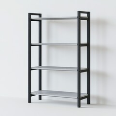 A minimalist, black metal and white shelving unit with four shelves, set against a plain white wall.