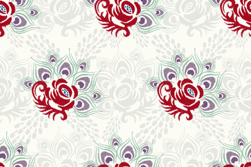 Ikat seamless floral pattern Vector illustration 