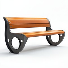 A modern wooden bench with curved black metal supports and circular cutouts, designed for outdoor or indoor seating.