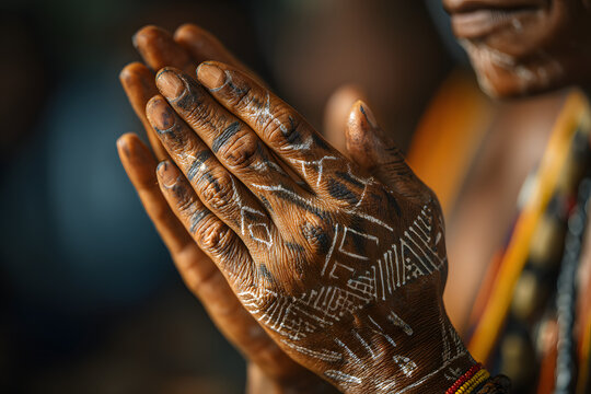 Hand painting geometrical tribal art of the Asurini indigenous tribe. Xingu Rive, Baixo Amazonas, Amazon, Brazil. 2007.