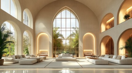 Clean design studio with high ceilings, minimal furniture, and textured white surfaces