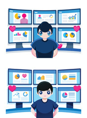 Fototapeta premium Cartoon Boy Happy Data Analyst Multiple Screens Charts Graphs Blue Pink Hearts person