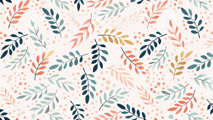 Delicate Floral Pattern with Watercolor-Style Leaves and Dots