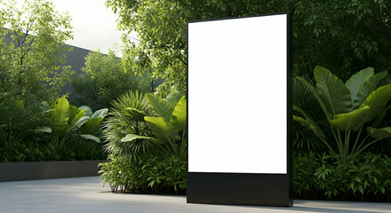 Blank Vertical Signage with Lush Greenery in Outdoor Environment
