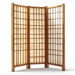 A three-panel wooden room divider with a traditional Japanese shoji design featuring translucent paper and grid patterns.