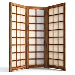 A three-panel wooden room divider with translucent white paper inserts, creating a traditional Asian-style folding screen.