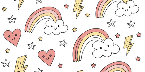 Whimsical Dreamscape: A delightful tapestry of animated rainbows, cheerful clouds, shooting stars, beaming hearts, and electrifying lightning bolts creates a playful atmosphere.