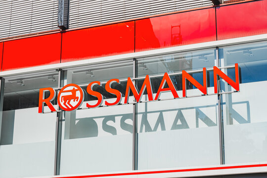 Rossmann drug store logo lettering on the exterior of a shop in old town district of Cologne