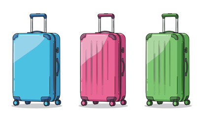 Vector set cartoon flat illustration of colorful suitcases isolated on white background. Blue, pink and green luggage travel bags with wheels. Modern polycarbonate suitcases for design, flyer, card.