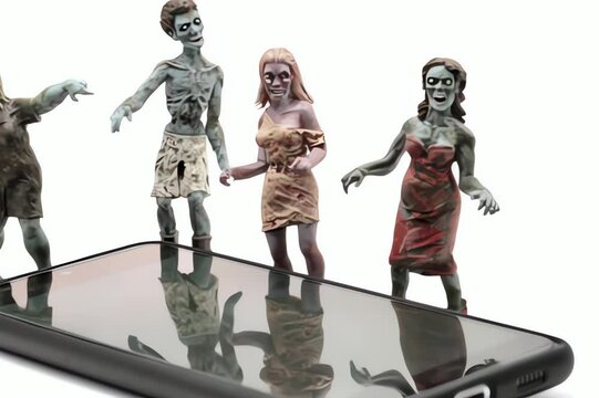 zombie figurines moving around a mobile phone
