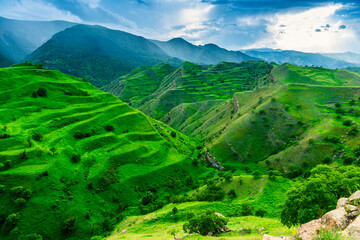Picturesque terraces on the green slopes of the North Caucasus mountains. Dagestan