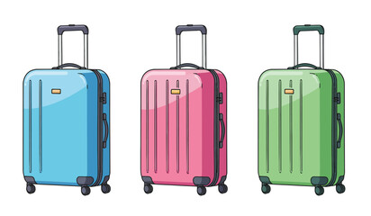 Vector set cartoon flat illustration of colorful suitcases isolated on white background. Blue, pink and green luggage travel bags with wheels. Modern polycarbonate suitcases for design, flyer, card.