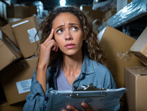 Puzzled Logistics: A warehouse worker appears perplexed amidst stacks of cardboard boxes, clutching a clipboard with a worried expression. The image speaks of challenges in shipping and delivery.