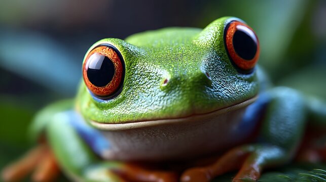 大きな瞳が印象的な緑色のカエルの表情