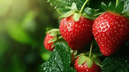Fresh Strawberries Glimmering on the Vine