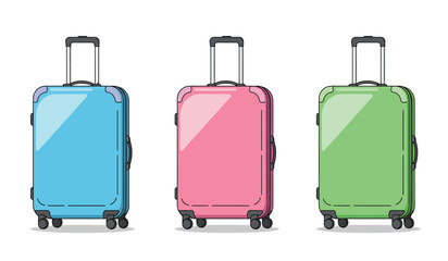 Vector set cartoon flat illustration of colorful suitcases isolated on white background. Blue, pink and green luggage travel bags with wheels. Modern polycarbonate suitcases for design, flyer, card.