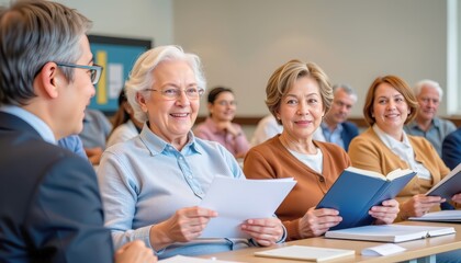 Fototapeta premium realistic medium shot photo of elderly friends attending a language class holding notebooks with eng