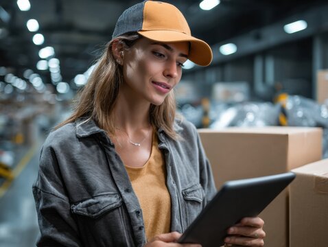 Warehouse Inventory Management: A focused female warehouse worker efficiently manages inventory using a tablet, showcasing professionalism and technological integration in a modern warehouse setting.