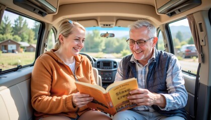 realistic medium shot photo of senior couple inside a camper van reading a travel guide with cozy sm