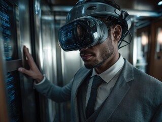 Immersive Technology in Business: A distinguished man in a business suit immerses himself in the captivating realm of virtual reality.