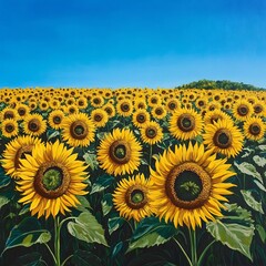 Obraz premium Field of Sunflowers Swaying Under a Clear Blue Sky – Vibrant Summer Scene Capturing Golden Blossoms, Gentle Breeze, and Serene Natural Atmosphere for Seasonal Decor, Nature Art, and Landscape Themes