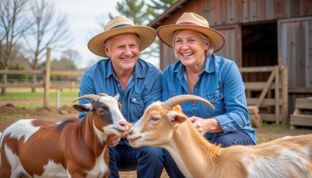 realistic medium shot photo of senior couple feeding goats on a farm laughing in straw hats and deni