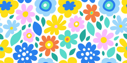 Fototapeta premium Floral pattern : A vibrant seamless pattern blooms with an array of hand-painted flowers in a cheerful array of colors, exuding a sense of springtime and joy.