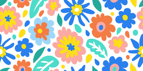 Floral Burst: A lively and colorful pattern of hand-painted flowers, vibrant and playful, perfect for textiles and surface design. 