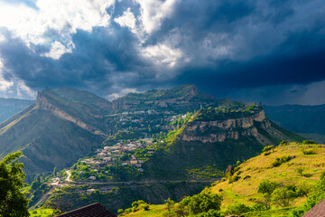 Dramatic landscape of the picturesque Gunib plateau in stormy weather on the Dagestan highlands....