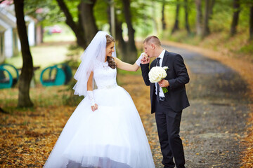 A bride and groom are walking down a road, holding hands and smiling