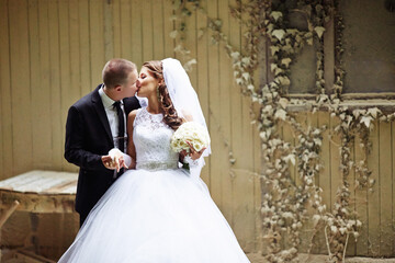 A bride and groom kiss in front of a building