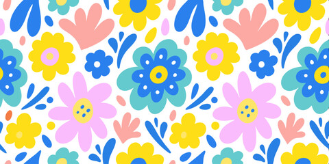 Floral Fiesta: A vibrant pattern of whimsical flowers in a colorful and eye-catching display, with cheerful hues and artful design.