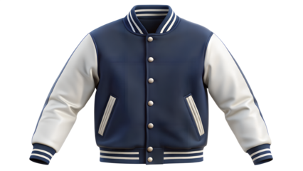Blue and white varsity baseball jacket isolated on transparent background