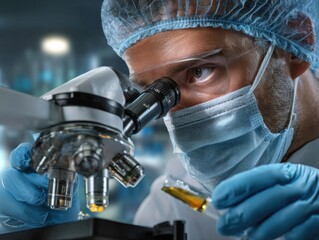 Scientific Study: A focused scientist, engrossed in detailed examination under the microscope, meticulously analyzing a vial of liquid, encapsulating the essence of laboratory research.
