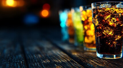 Row of colorful cold drinks with ice in glasses on rustic wooden table in blurred background